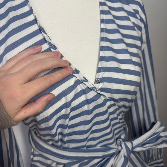 Madewell Top Women S Cuffed-Sleeve Wrap Blouse in Stripe Blue White Clean Girl - Picture 4 of 8